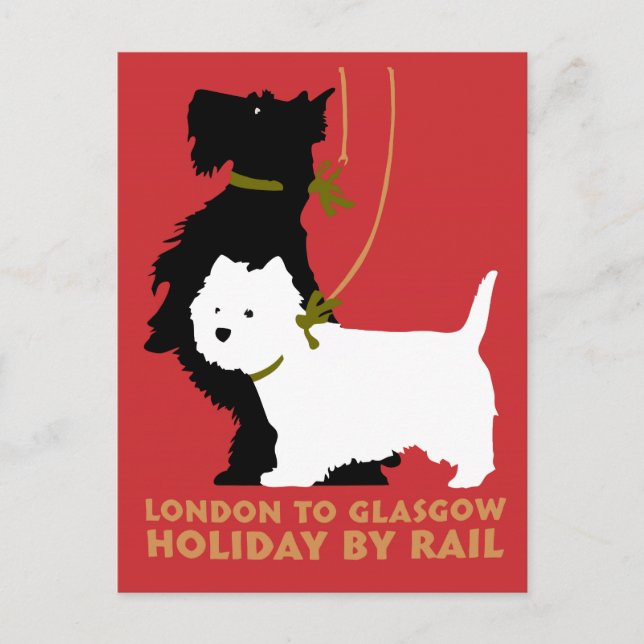 Postal Retro Londres y Glasgow en tren, perros aterradore (Anverso)