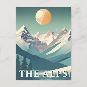 Postal Retro Los Alpes Geométrico Montaña Europea de Esqu