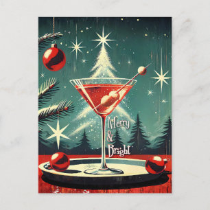 Postal Retro Martini de árbol de Navidad con tormenta de