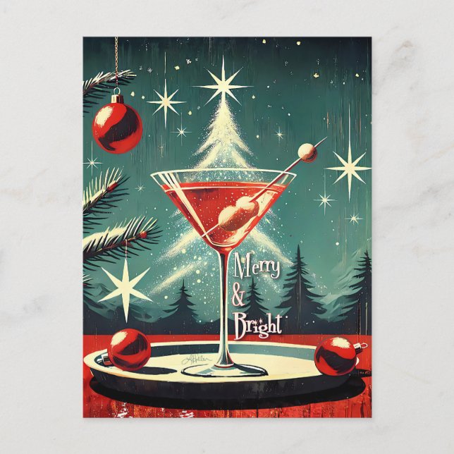 Postal Retro Martini de árbol de Navidad con tormenta de  (Anverso)