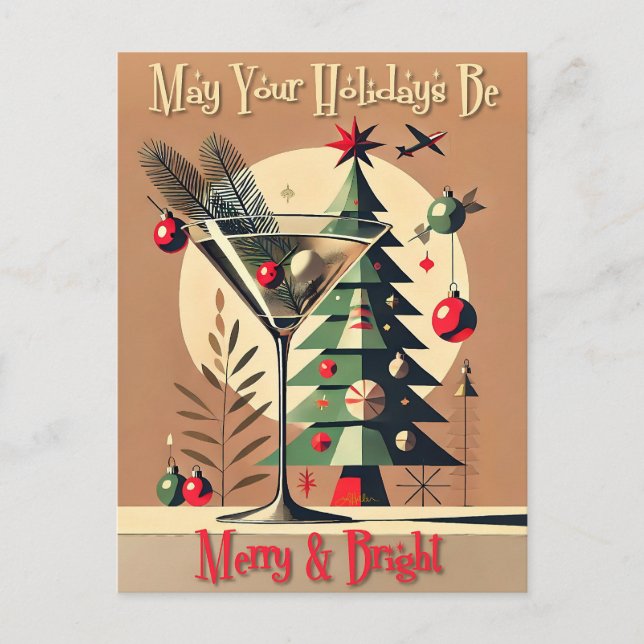 Postal Retro Martini de árbol de Navidad Jet Set de los 5 (Anverso)