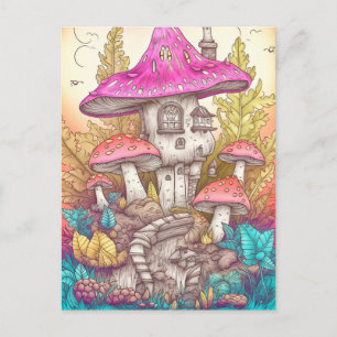 Postal Retro Mushroom Village Ilustracion Art