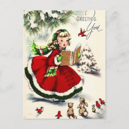 Postal Retro Navidad Niña Cantando a los Conejos