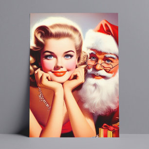 Postal Retro Navidad Pin-up y Papá Noel