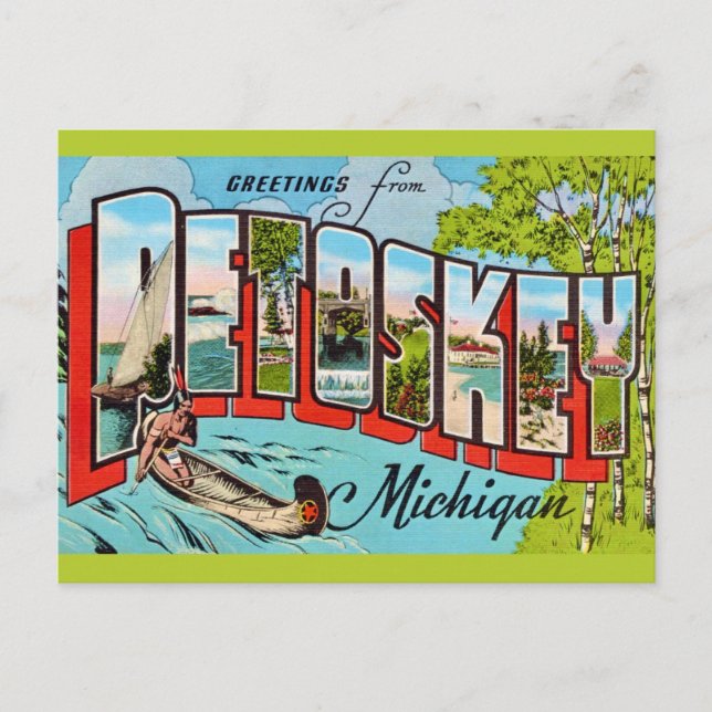 Postal Retro Petosky Michigan Saludo (Anverso)