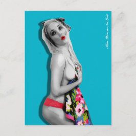 Postal Retro Pin Up Chica Postcard Azul Verde azulado