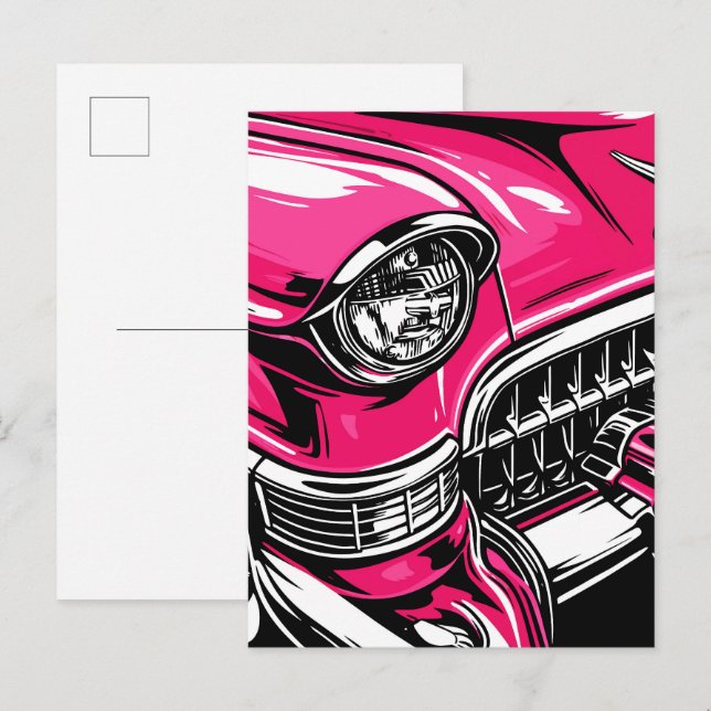 Postal Retro Pink Classic Car Front Pop Art Illustration (Anverso / Reverso)