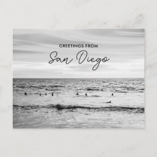 Postal Retro Playa Surfista Saludos desde San Diego