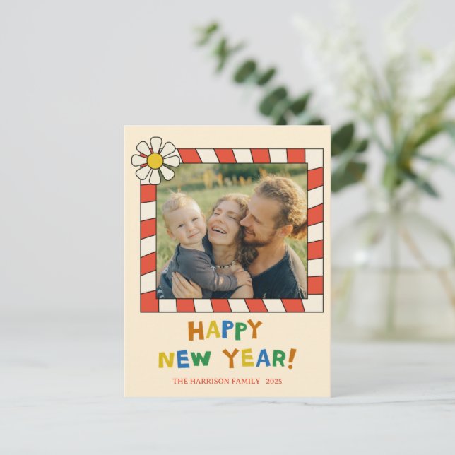 Postal Retro Pop Frame New Year Photo  (Anverso de pie)
