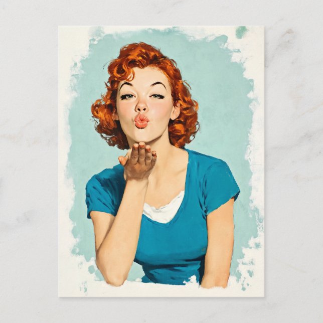 Postal Retro Redhead Sending Sweet Kiss (Anverso)