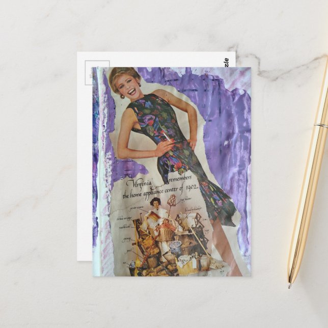 Postal Retro smoking woman remembers housework collage (Anverso/Reverso In Situ)