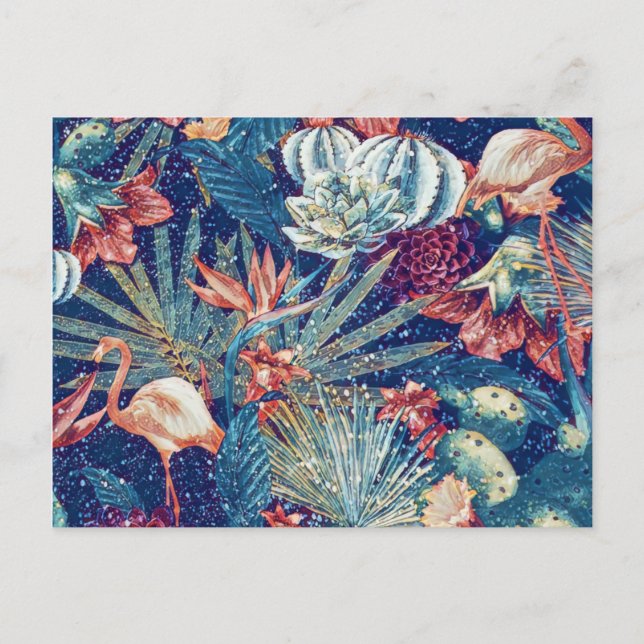 Postal Retro Snowowy Tropical Flamingo Paradise acuarela (Anverso)