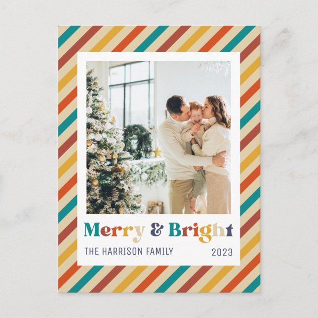 Postal Retro Stripes Merry & Bright Family Photo (Anverso)