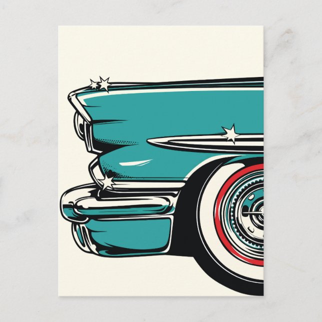 Postal Retro Teal Sports Car Front Pop Art Illustration (Anverso)