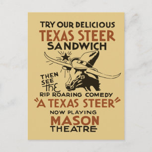 Postal Retro Texas Steer Sandwich y anuncio de teatro