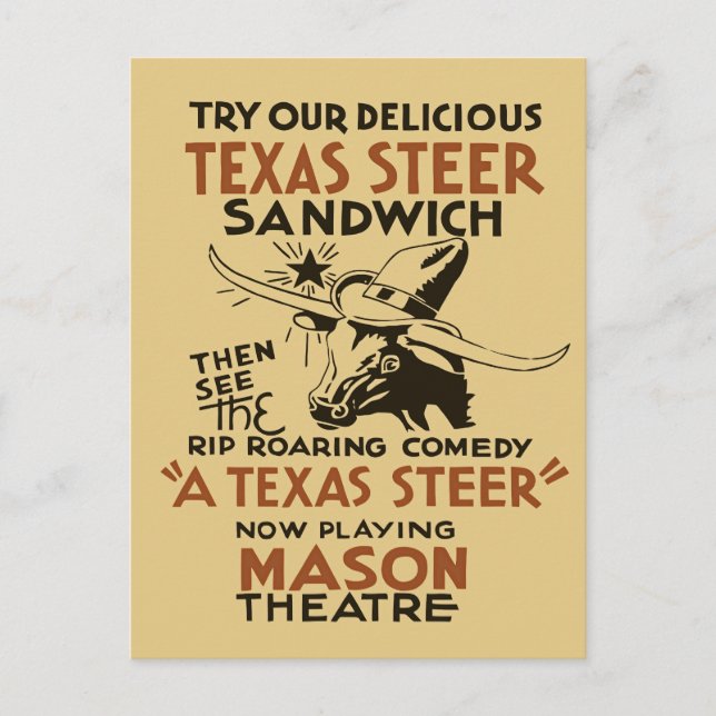 Postal Retro Texas Steer Sandwich y anuncio de teatro (Anverso)