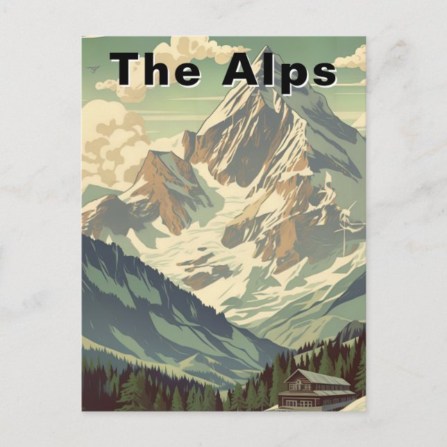 Postal Retro The Alps Travel Skiing Mountain Lodge (Anverso)