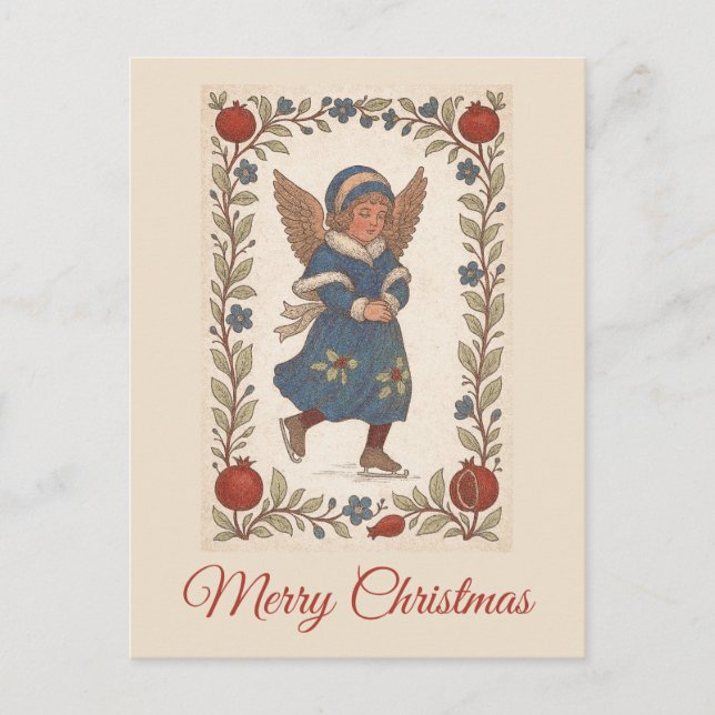 Postal Retro traditional Christmas skating Angel floral (Anverso)