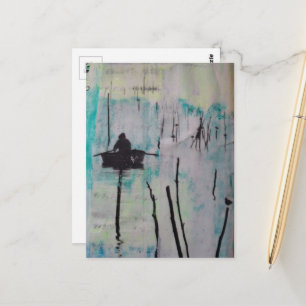 Postal Retro Un Barco y un Pájaro Negro Blanco Azul 