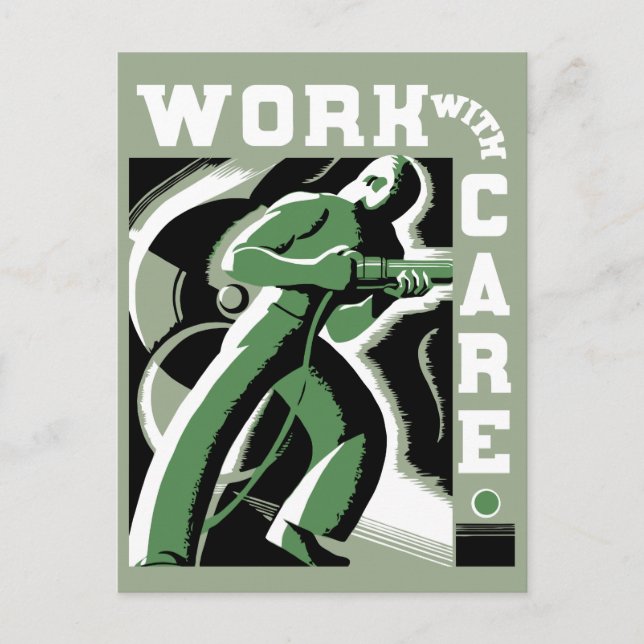 Postal Retro vectorial art deco trabajo con cuidado (Anverso)