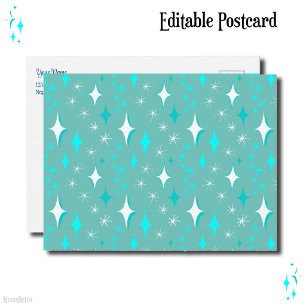 Postal Retro Verde Acuático y Estrellas Blancas Editable