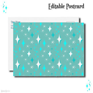 Postal Retro Verde Acuático y Estrellas Blancas Editable