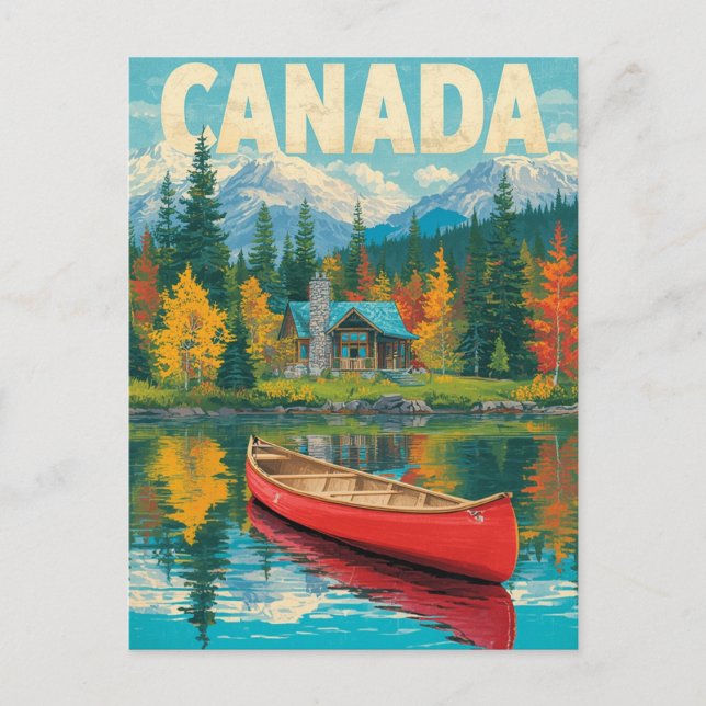 Postal Retro Viajes Canadá – Montañas y Bosque de Otoño (Anverso)
