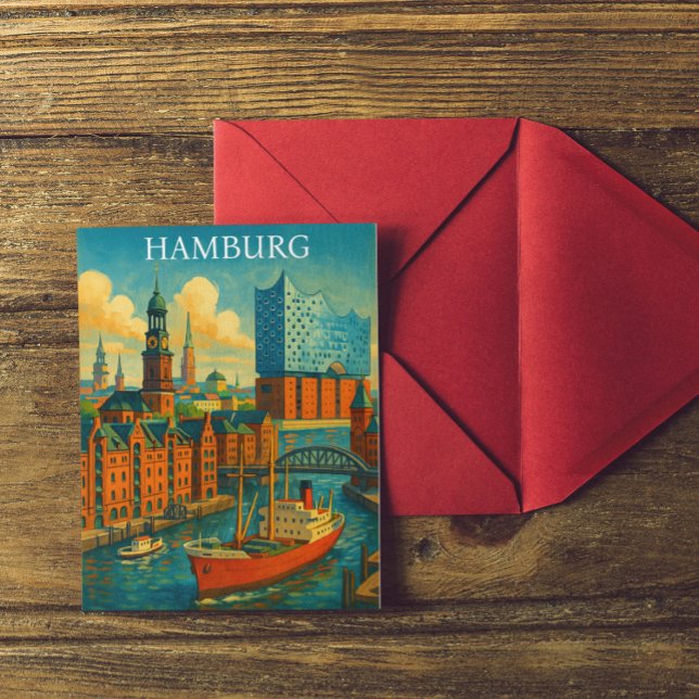 Postal Retro Vintage Hamburg Alemania (Colorful vintage Hamburg Germany travel postcard)