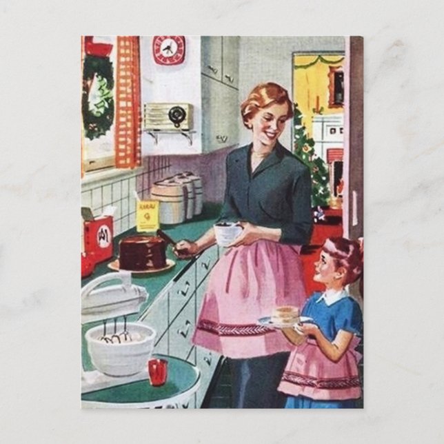 Postal retro vintage Madre Hija comiendo pastel (Anverso)