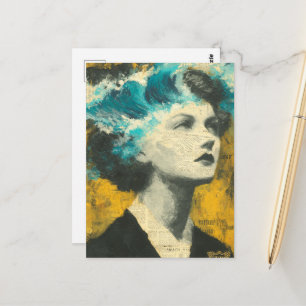 Postal Retro Woman Brain Waves de medios mixtos Collage