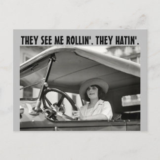 Postal retro WOMAN IN classic CAR FUNNY Postcard