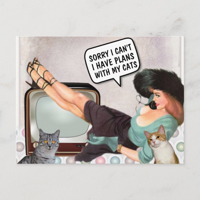 POSTAL RETRO WOMAN SORRY CAN'T PLANS WITH CATS POSTCARDS (Anverso)