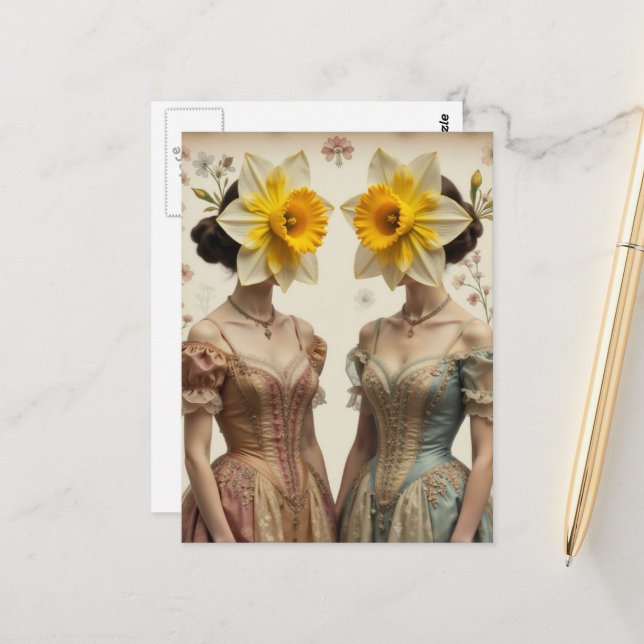 Postal Retro Women With Daffodil Heads (Anverso/Reverso In Situ)