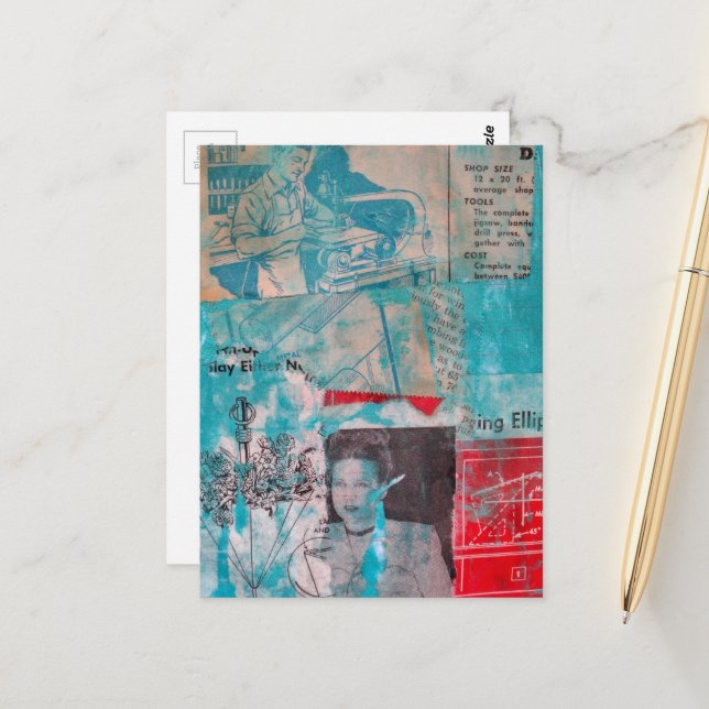Postal Retro Woodworking Man Woman Flowers Collage  (Anverso/Reverso In Situ)