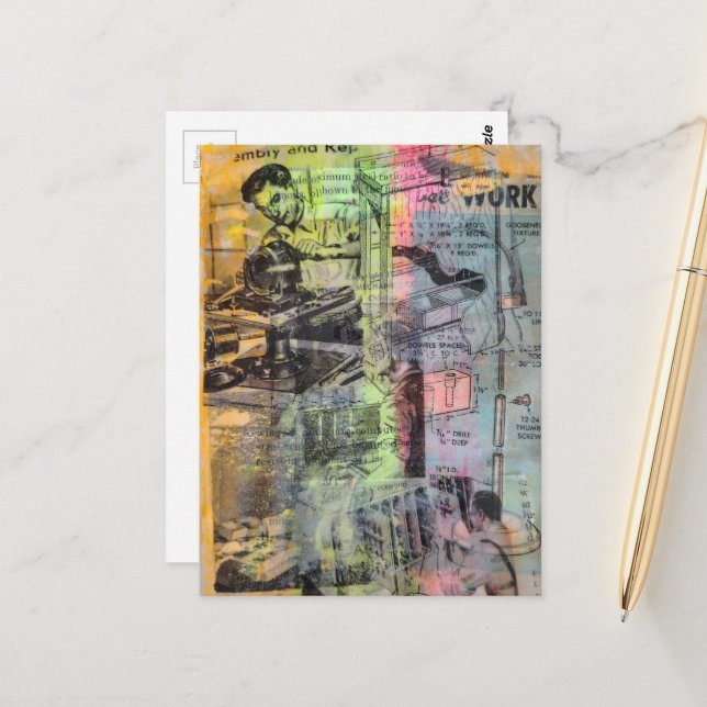 Postal Retro Woodworking Men Mixed Media Collage  (Anverso/Reverso In Situ)
