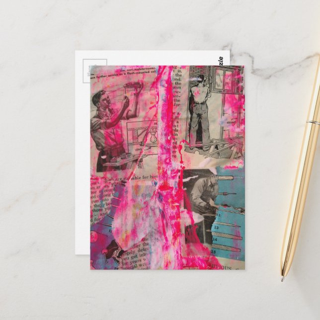 Postal Retro Working Men Black White Pink Blue (Anverso/Reverso In Situ)