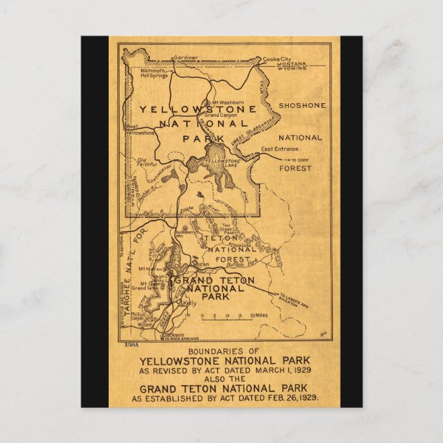 Postal Retro Yellowstone - Mapa de Grand Teton (Anverso)