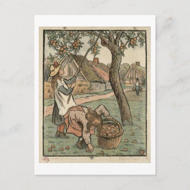 Postal Reuniendo manzanas, de 'Travaux des Champs', engra (Anverso)