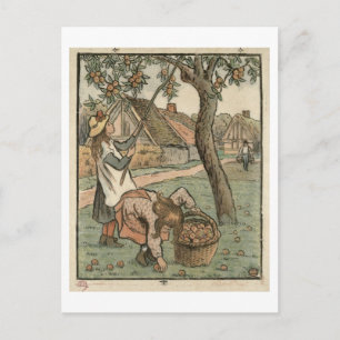 Postal Reuniendo manzanas, de 'Travaux des Champs', engra