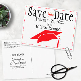 Postal Reunion Class Save The Date Red Graduation Cap
