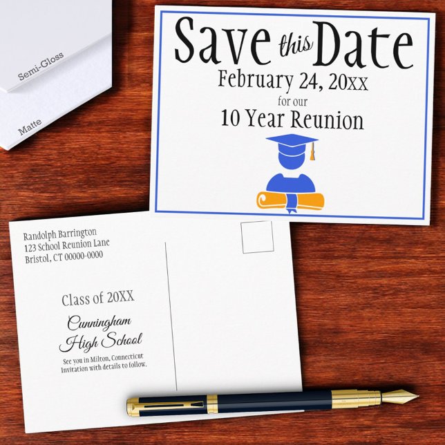 Postal Reunión de clases Guardar la fecha Naranja azul Mi (Save the Date announcement front and back)