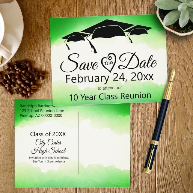 Postal Reunión de la clase de acuarela verde para guardar (Start your class reunion planning with this easy to customize save the date postcard announcement. )
