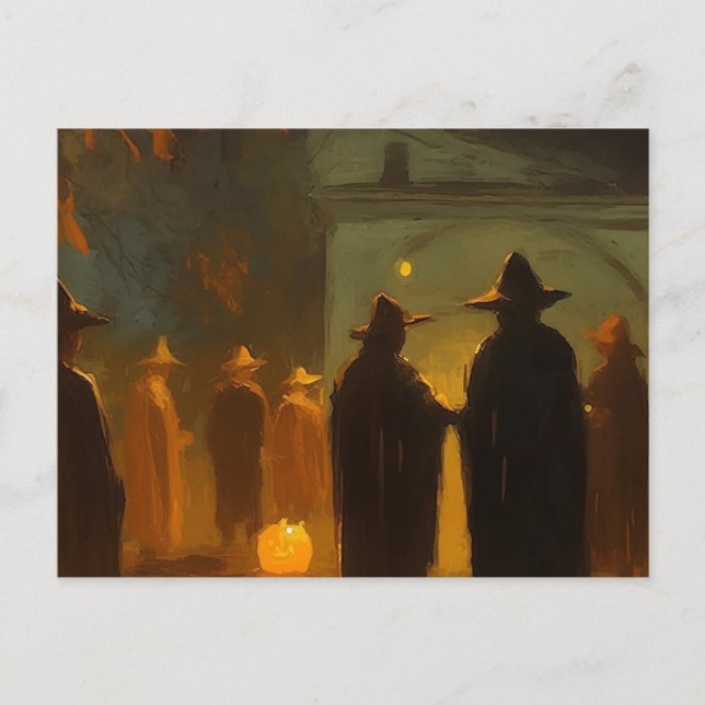 Postal Reunión de pueblo vintage de Halloween (Anverso)
