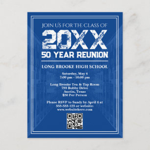Postal Reunión de secundaria retro azul de exalumnos de 5