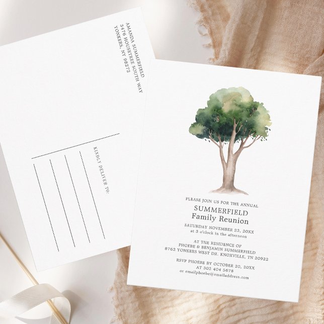 Postal Reunión de verano de la familia de árboles acuátic (Watercolor Tree Family Reunion Summer Get Together Postcard)