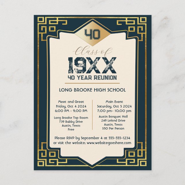 Postal Reunión escolar de 40 años de Faux Gold Art Deco (Anverso)