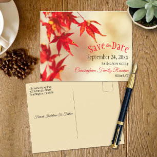 Postal Reunión Familiar Salva La Fecha Otoño Hojas Rojas