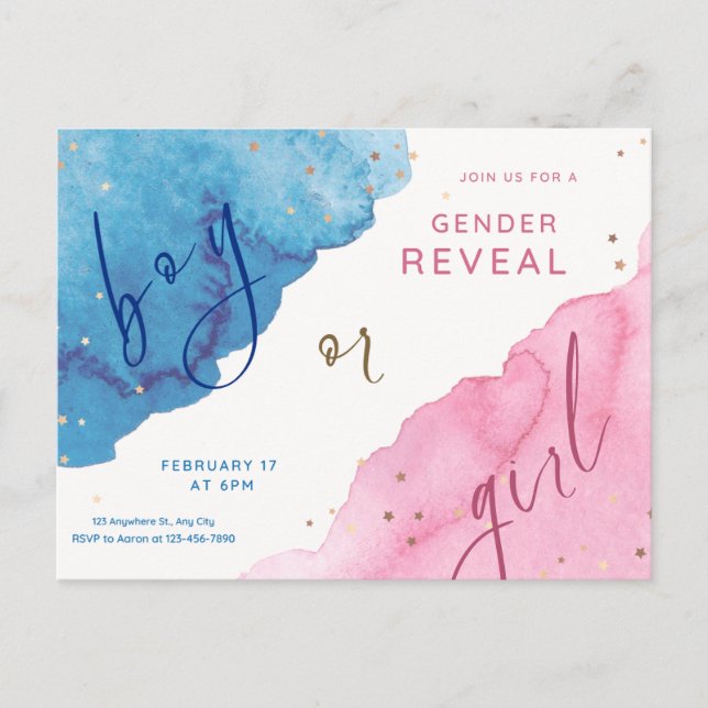 Postal revelación de género, azul o rosa, él o ella, (Anverso)