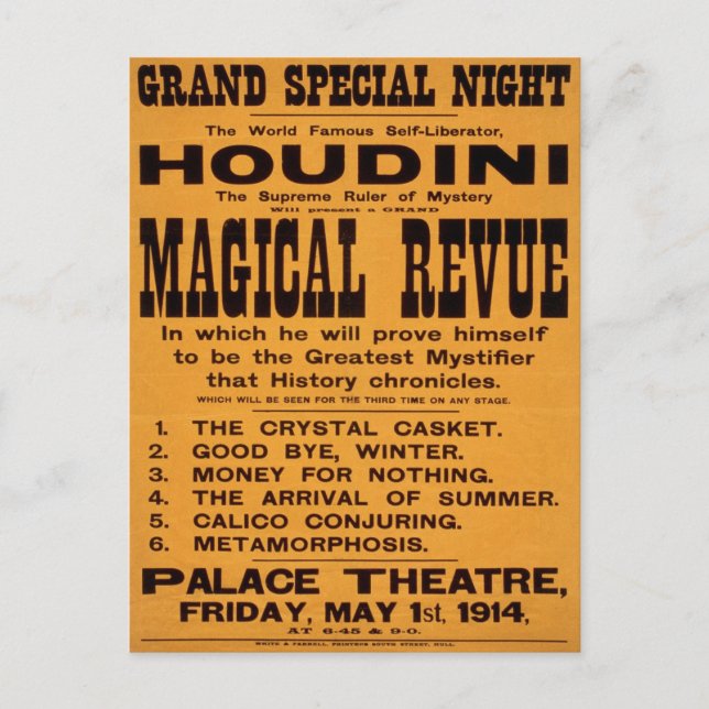 Postal Revista Mágica de Houdini, 1914 (Anverso)