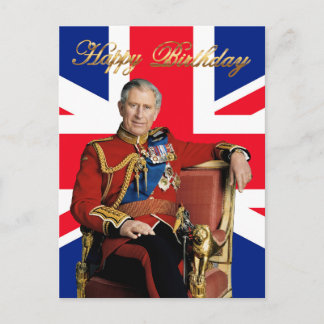Postal Rey Carlos III con bandera británica Feliz Cumplea